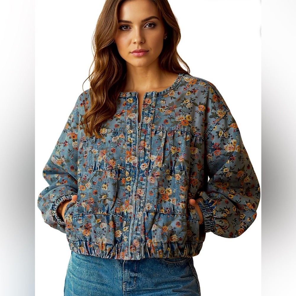 ✨114- Dark Wash Floral Denim Jacket